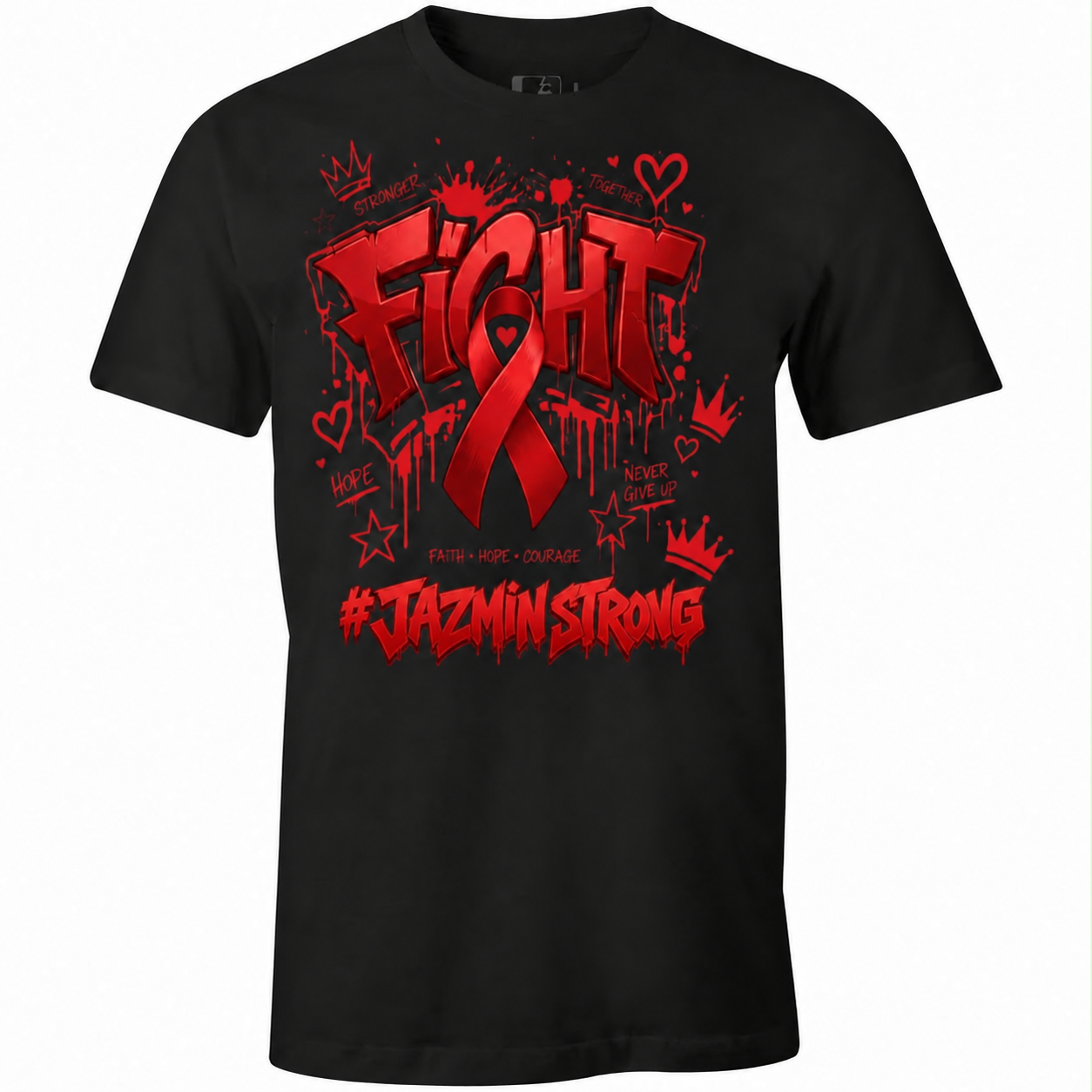 Black Jazmin Strong shirt with red Fight ribbon artwork