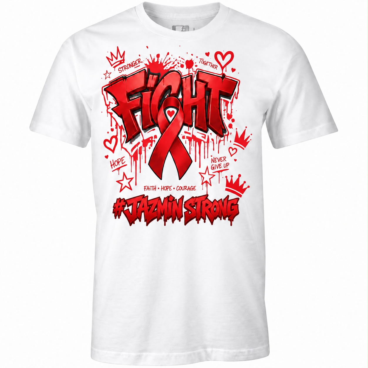 White Jazmin Strong shirt with red Fight ribbon artwork